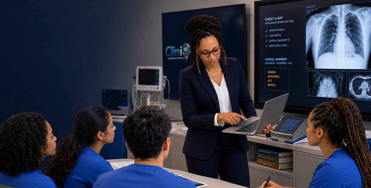 Nursing students reviewing a patient case with Professor Simpson