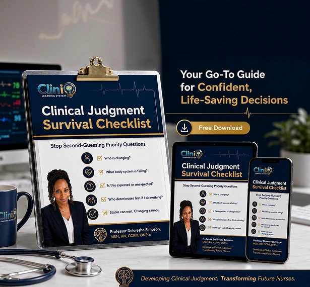 Clinical Judgment Survival Checklist displayed across laptop, tablet, and phone screens, authored by Professor Delondria Simpson