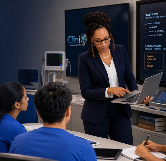 Founder of CliniQ Learning standing in a nursing simulation lab