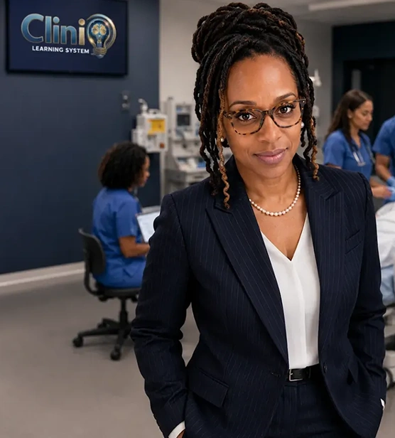 Professor Delondria Simpson, founder of CliniQ Learning, standing in a nursing simulation lab with students in the background