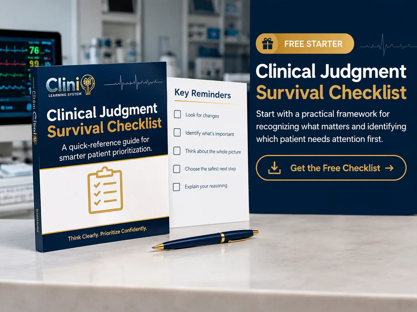Clinical Judgment Survival Checklist booklet, key reminders card, and pen displayed on a desk with clinical monitors in the background
