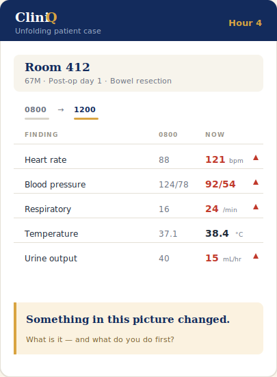 Patient vitals worsening from 0800 to 1200 — heart rate, BP, respiration, temp, and urine output all trending abnormal